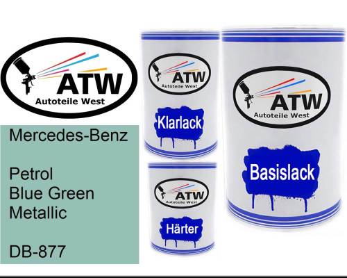 Mercedes-Benz, Petrol Blue Green Metallic, DB-877: 500ml Lackdose + 500ml Klarlack + 250ml Härter - Set, von ATW Autoteile West.